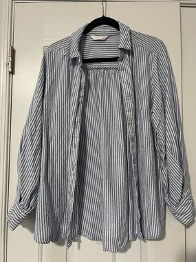 LC Lauren Conrad Navy and White Striped Button-Up Shirt